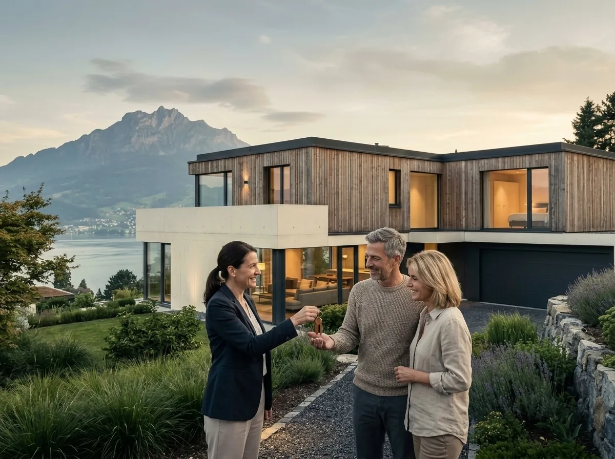 Schlüsselübergabe vor dem fertiggestellten Einfamilienhaus